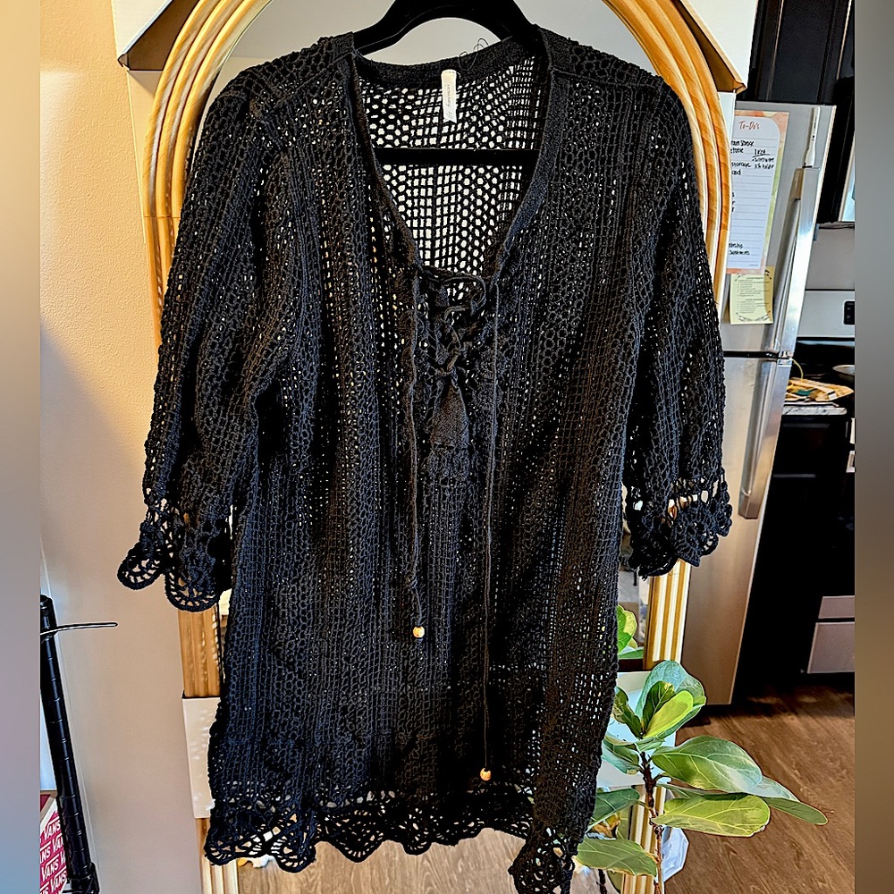 Francesca's Collections Black Crochet Lace-Up Tunic